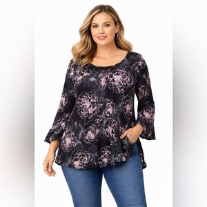 Laura Plus 1X Black Floral Blouse 3/4 Sleeve Flowy Peplum Top